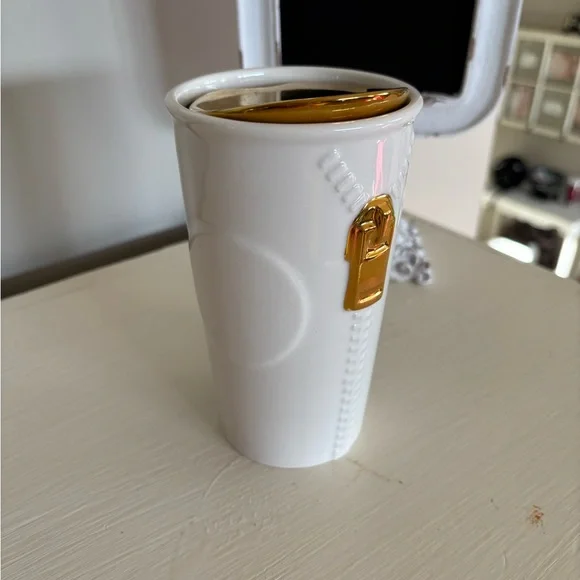 Starbucks Ceramic Mug with Gold Zipper and Lid Accents - Picture 1 of 5